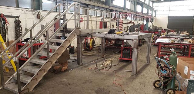 Fabricated metal staircase and platform in the Marx Fabrication shop